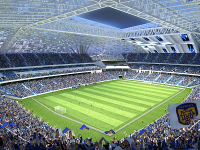 Large Football Stadium With Green Pitch Crowded Audience And Transparent Roof Sports Event 3d model