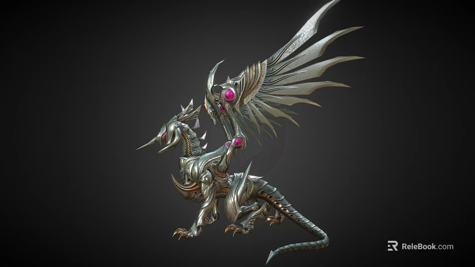 Fantasy Ornate Metallic Mechanical Dragon With Silver Wings And Red Gemstone Accents 3d model 