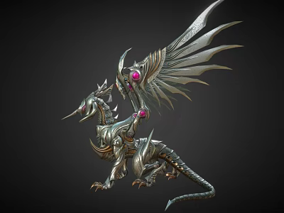 Fantasy Ornate Metallic Mechanical Dragon With Silver Wings And Red Gemstone Accents 3d model