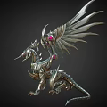 Fantasy Ornate Metallic Mechanical Dragon With Silver Wings And Red Gemstone Accents