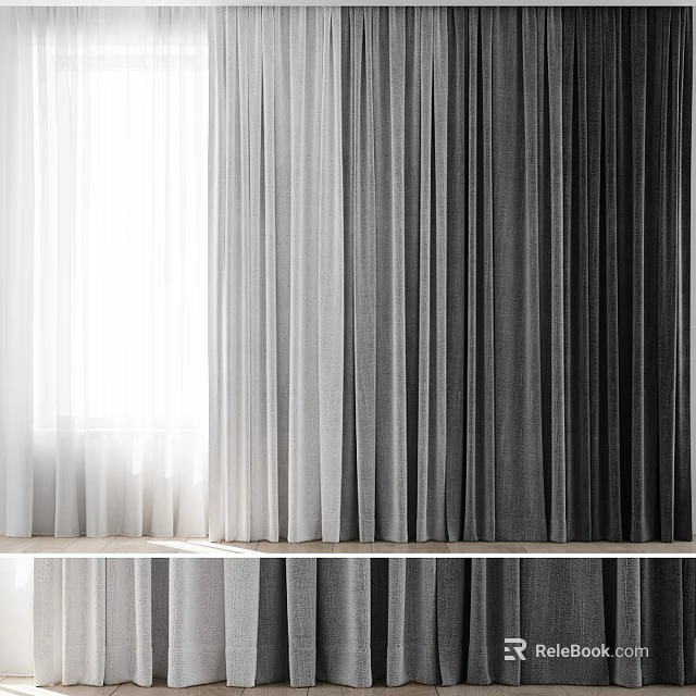 Soft Linen Curtains in White and Gray Tones for Elegant Home Interior Decor 3d model 
