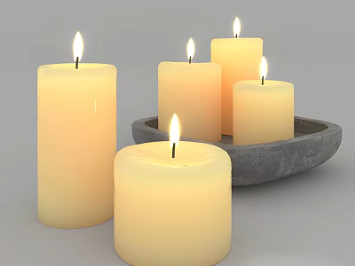 Cream Colored Cylindrical Lit Candles With Gray Stone Tray And Flames 3d model