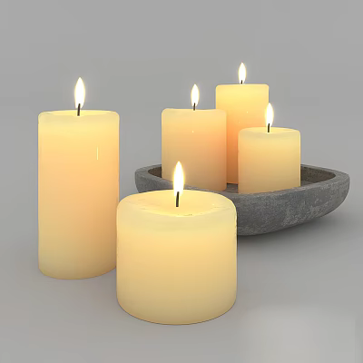 Cream Colored Cylindrical Lit Candles With Gray Stone Tray And Flames 3d model