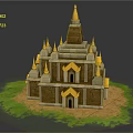 Cartoon Scene of Multi Tiered Brick Building with Golden Spires on Green Grass Sandy Ground