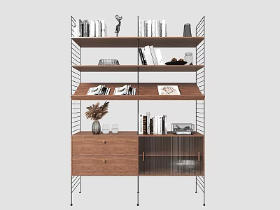 Modern Multi Tiered Bookshelf With Wooden Cabinet Metal Frame And Decorative Items 3d model