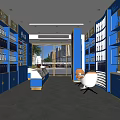 Blue Themed Specialty Store Interior With Shelves Display Cabinets White Chairs And City View