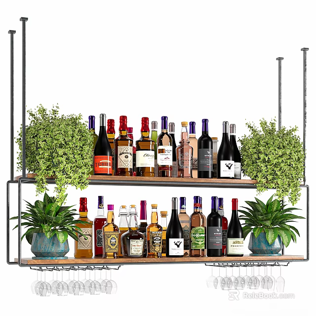 Decorative Vases With Green Plants On Shelf With Various Wine Bottles 3d model 