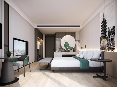 Modern Hotel Room Interior With Large Bed White Bedding Green Blanket And Decorative Painting 3d model