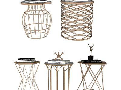 Modern Side Tables Featuring Wire Frame Woven Design And Geometric Base With Books 3d model