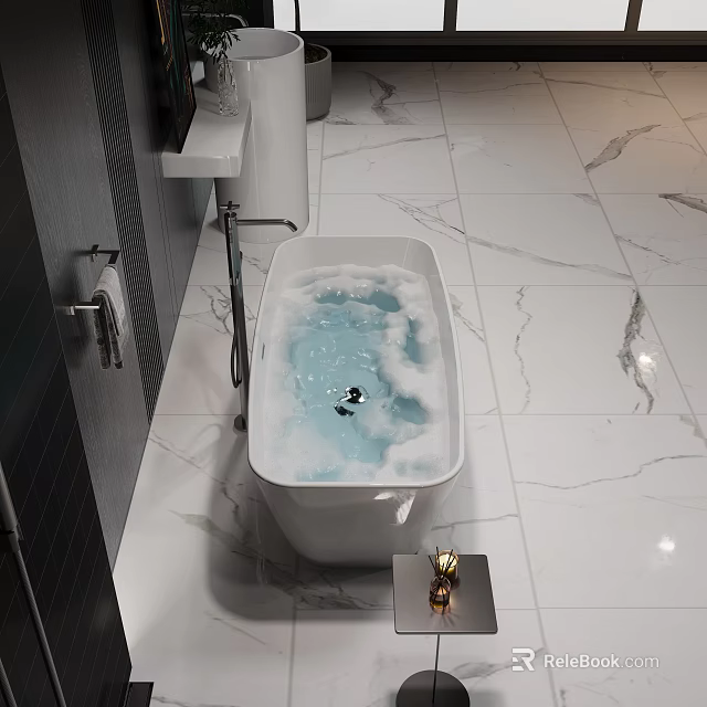 Modern Bathroom Interior With White Soaking Bathtub Bubbles And Marble Floor 3d model 