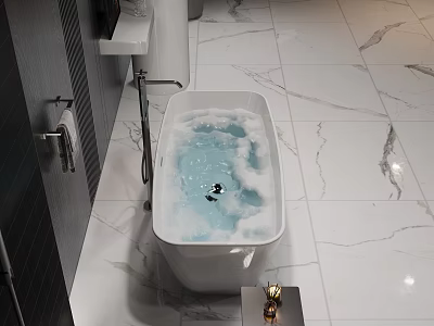 Modern Bathroom Interior With White Soaking Bathtub Bubbles And Marble Floor 3d model