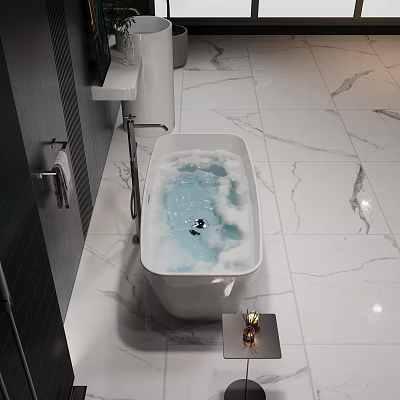 Modern Bathroom Interior With White Soaking Bathtub Bubbles And Marble Floor 3d model