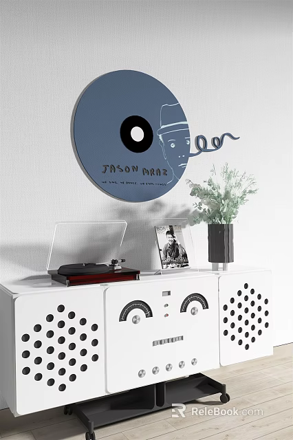 Entryway Modern White Console Table And Side Cabinet With Record Player Vase And Photo Frame 3d model 