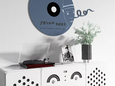 Entryway Modern White Console Table And Side Cabinet With Record Player Vase And Photo Frame 3d model