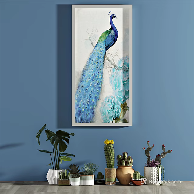 Bonsai and Potted Plants on Blue Wall with Peacock Blue Flower Painting Succulents Cactus 3d model 
