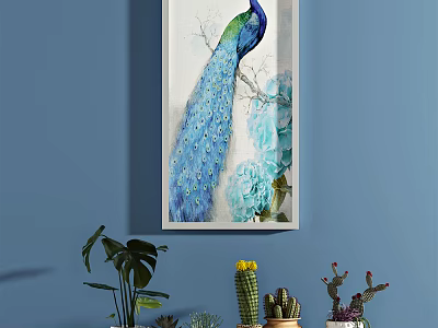 Bonsai and Potted Plants on Blue Wall with Peacock Blue Flower Painting Succulents Cactus 3d model