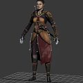 Woman In Decorative Armor With Sword And Unique Hairstyle Standing In Traditional Outfit