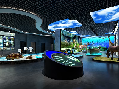 Interactive Cultural Center Interior With Eco Exhibits Animal Models Information Displays And Sky Ceiling 3d model