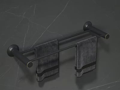 Modern Bathroom Towel Rack With Double Rod And Hanging Towels On Marble Wall 3d model