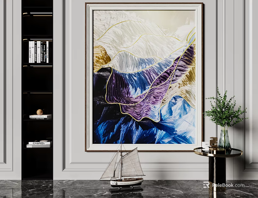 Interior Decor With Large Colorful Painting Bookshelf Sailboat Model And Green Plant 3d model 