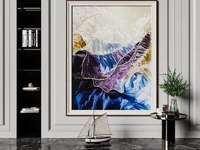Interior Decor With Large Colorful Painting Bookshelf Sailboat Model And Green Plant 3d model