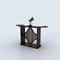 Elegant Dark Wood Console Table With Lattice Panel Base And Bonsai Plant Decor 3d model