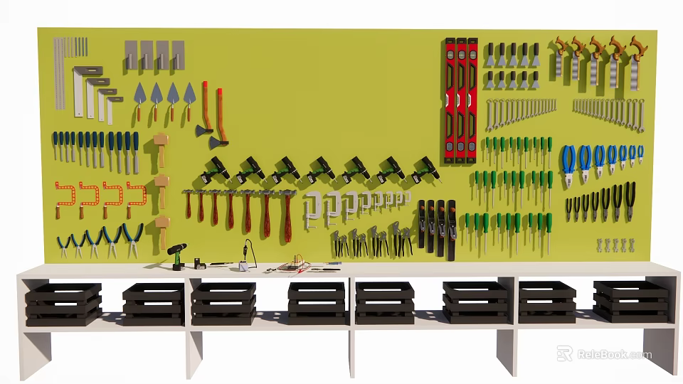 Wall Mounted Hardware Tools Including Hammers Wrenches Screwdrivers Pliers With Black Toolboxes On White Shelves 3d model 