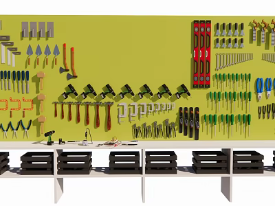 Wall Mounted Hardware Tools Including Hammers Wrenches Screwdrivers Pliers With Black Toolboxes On White Shelves 3d model