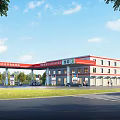 Modern Sinopec Gas Station Building With Fuel Dispensers Vehicles On Road And Blue Sky