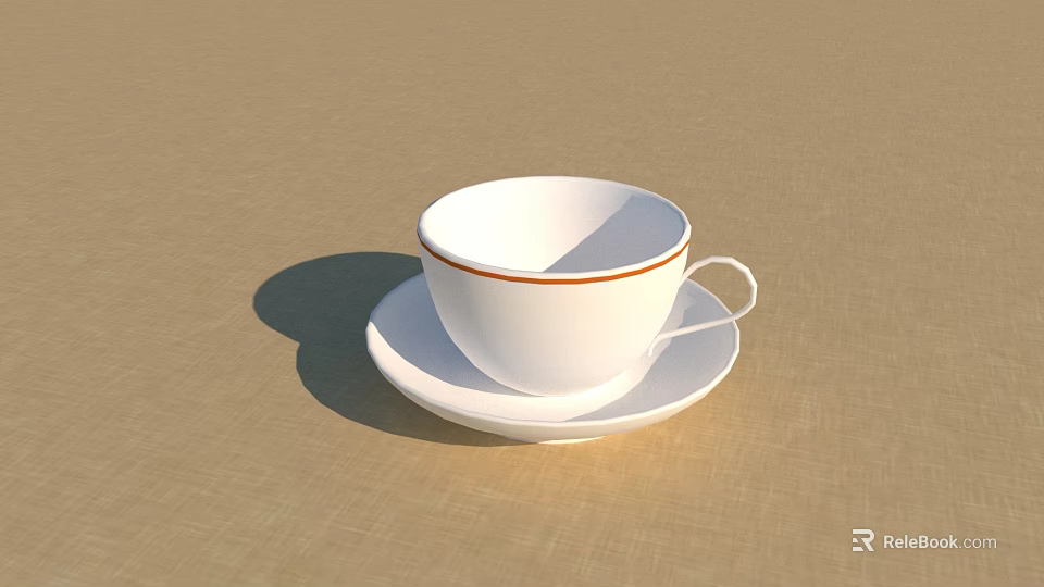 White Teacup With Brown Rim Decoration And Matching Saucer On Beige Surface 3d model 