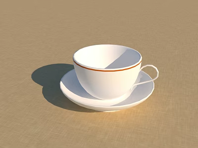 White Teacup With Brown Rim Decoration And Matching Saucer On Beige Surface 3d model