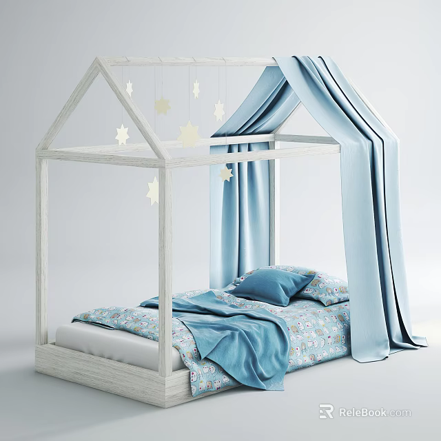 White Wooden House Shaped Kids Bed With Star Decorations Blue Curtains And Patterned Bedding 3d model 