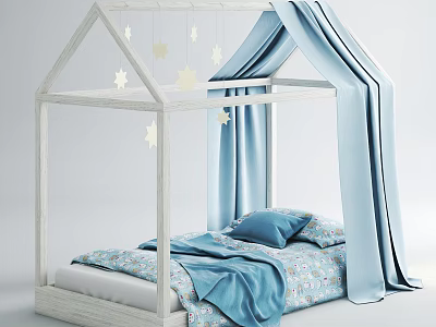 White Wooden House Shaped Kids Bed With Star Decorations Blue Curtains And Patterned Bedding 3d model