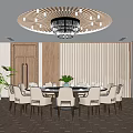 Private Dining Room With Round Table Elegant Chairs Ceiling Chandelier And Wavy Accent Wall