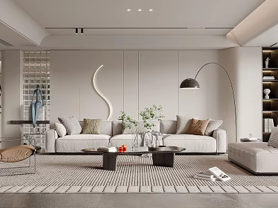 Modern Living Room Interior With Light Colored Sofa Geometric Rug And Arched Floor Lamp 3d model