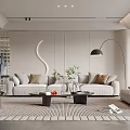 Modern Living Room Interior With Light Colored Sofa Geometric Rug And Arched Floor Lamp