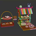Red Toy Food Stall With Panda Rabbit Decorations And Bread Fruits Cakes In Basket