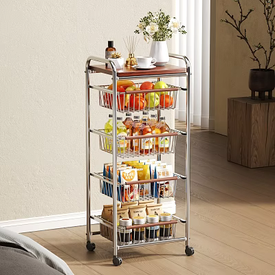 Multitiered Metal Kitchen Storage Shelf With Fruit Baskets Food Cans And Drinks 3d model