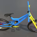 Blue and Yellow Downhill Mountain Bike With Large Tires Blue Frame Yellow Fork