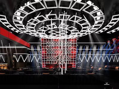 Modern Bar Venue With Geometric Lighting Stage Red Decor And Seating 3d model