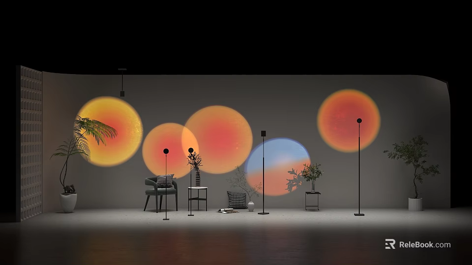Modern Lighting Combinations With Circular Orange Red Light Projections And Indoor Plants 3d model 