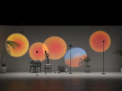 Modern Lighting Combinations With Circular Orange Red Light Projections And Indoor Plants 3d model