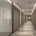 Modern Office Corridor Design With Wooden Walls Glass Partitions And Linear Lighting