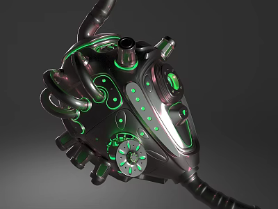 Mechanical Organ Structure With Green Glowing Parts And Hair Like Appendages 3d model