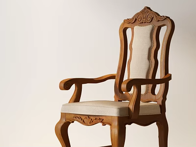 Traditional Wooden Dining Chair With Carved Backrest Armrest And Upholstered Seat 3d model