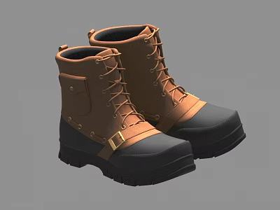Brown And Black Leather Work Boots With Lace Up Design And Rubber Soles 3d model
