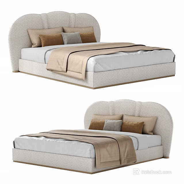 Modern Double Bed With Upholstered Headboard Light Colored Design Brown Gray Pillows And Blanket 3d model 