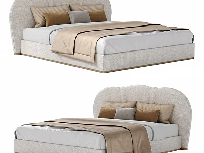 Modern Double Bed With Upholstered Headboard Light Colored Design Brown Gray Pillows And Blanket 3d model