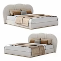 Modern Double Bed With Upholstered Headboard Light Colored Design Brown Gray Pillows And Blanket