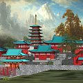 Ancient Chinese Architecture with Pagodas Red Blue Roofs Surrounded by Mountains and Trees